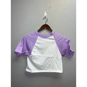 80s Women's Vintage Sportswear White Purple Crop Top Shirt Women S